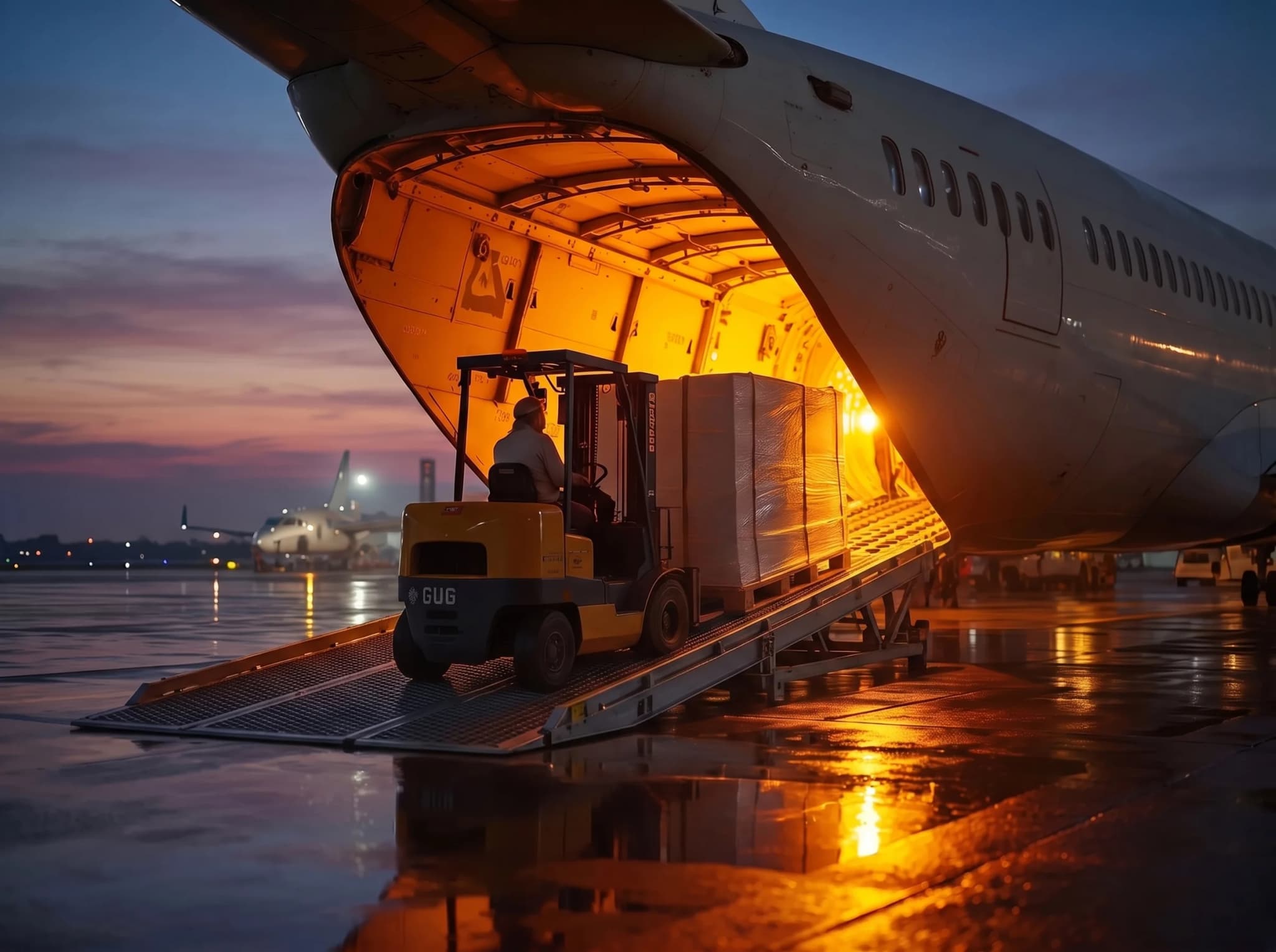 Air freight loading at dusk