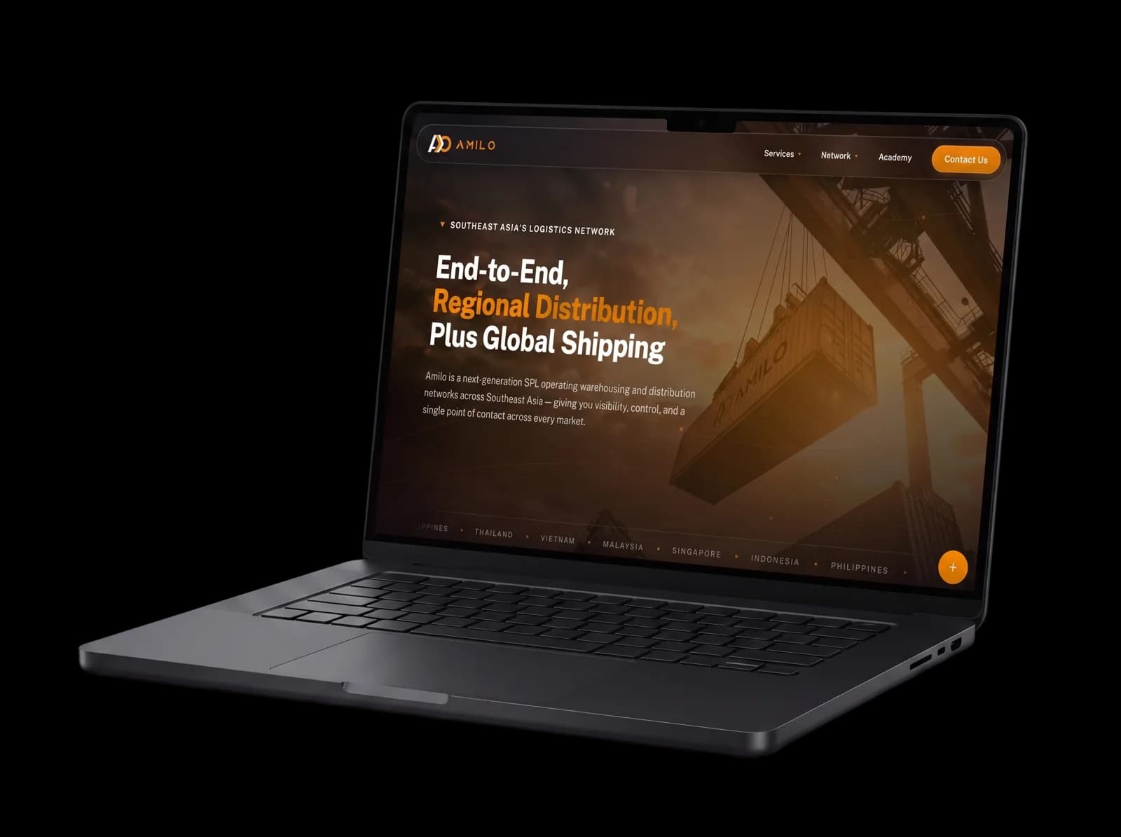 Laptop displaying the AMILO logistics SaaS homepage