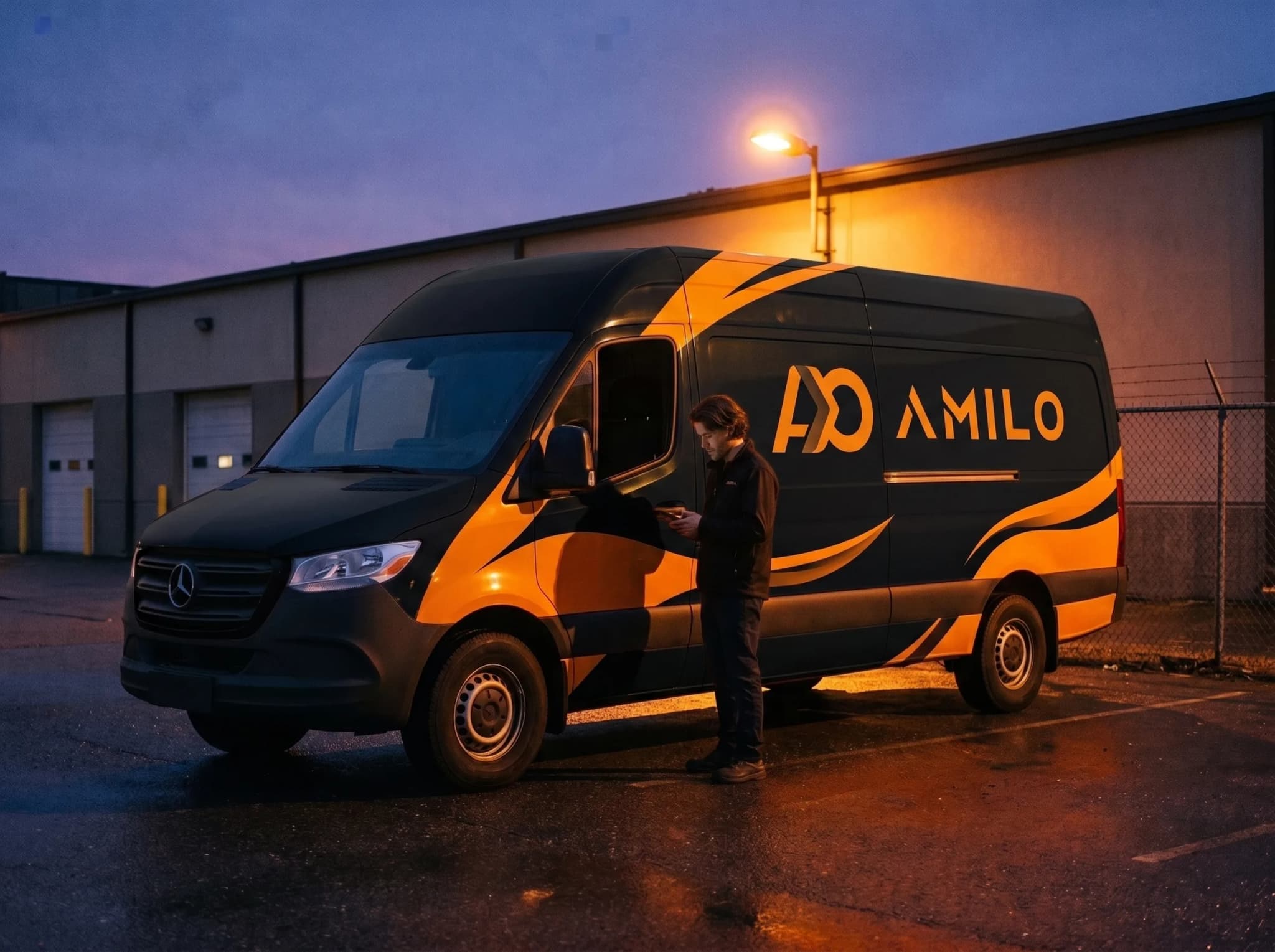 Amilo delivery van at a depot at dusk