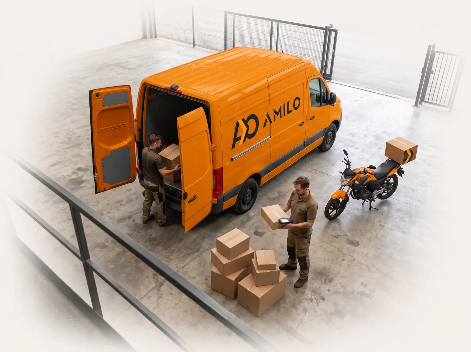 Amilo van and delivery motorcycle being loaded