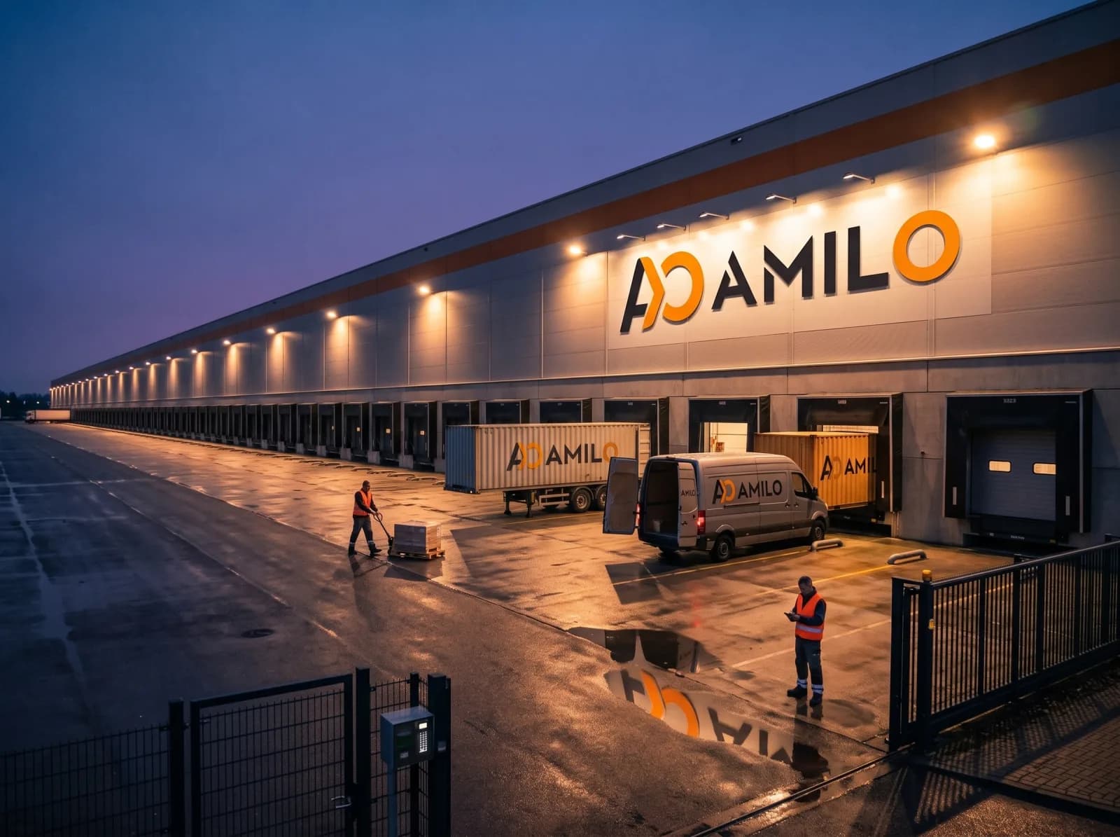 Aerial view of an Amilo cross-dock facility at dusk